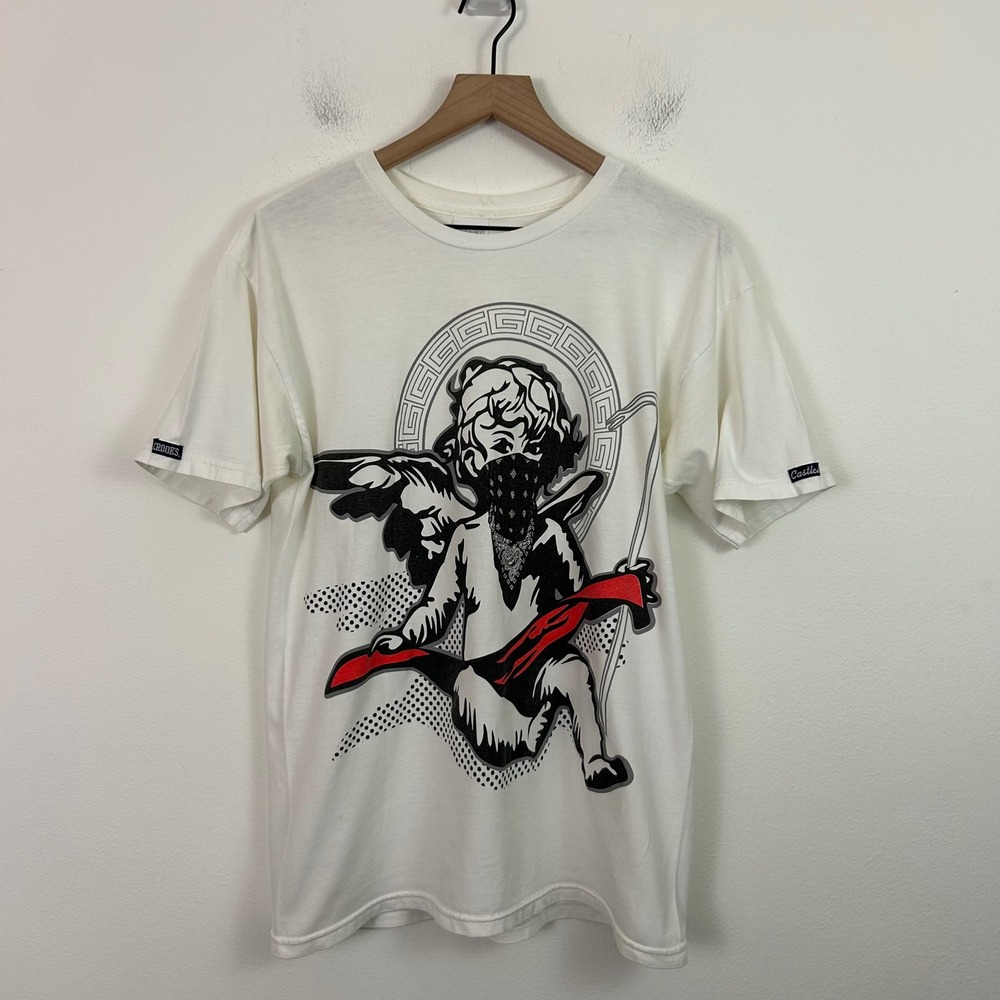 Crooks and Castles Mens White Cherub Bandana Graphic T-Shirt Medium Made in USA
